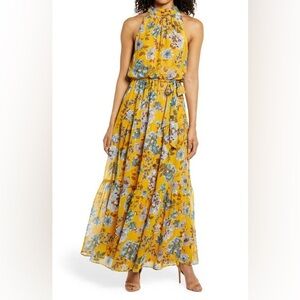 NWT Floral Halter Neck Maxi Dress Yellow Julia Jordan Nordstrom Size 8